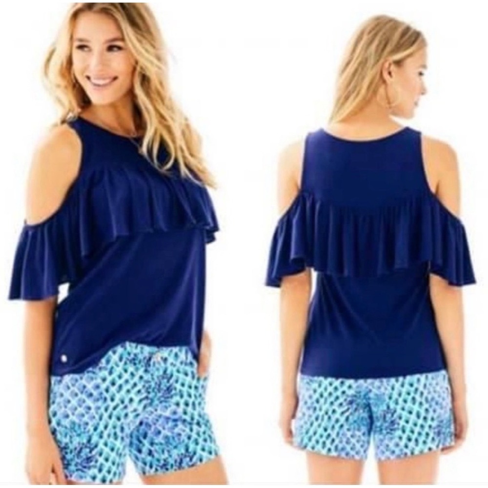 Lilly Pulitzer Lyra Top Navy Blue Ruffle Cold Shoulder  Pima Cotton Modal Small